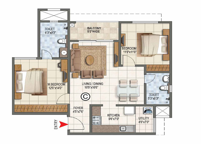 Prestige Sunset Park 2 BHK Floor Plan