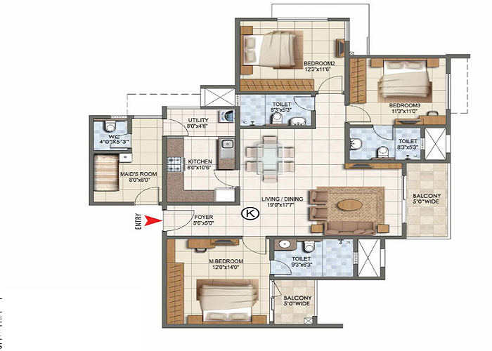 Prestige Sunset Park 3 BHK Floor Plan